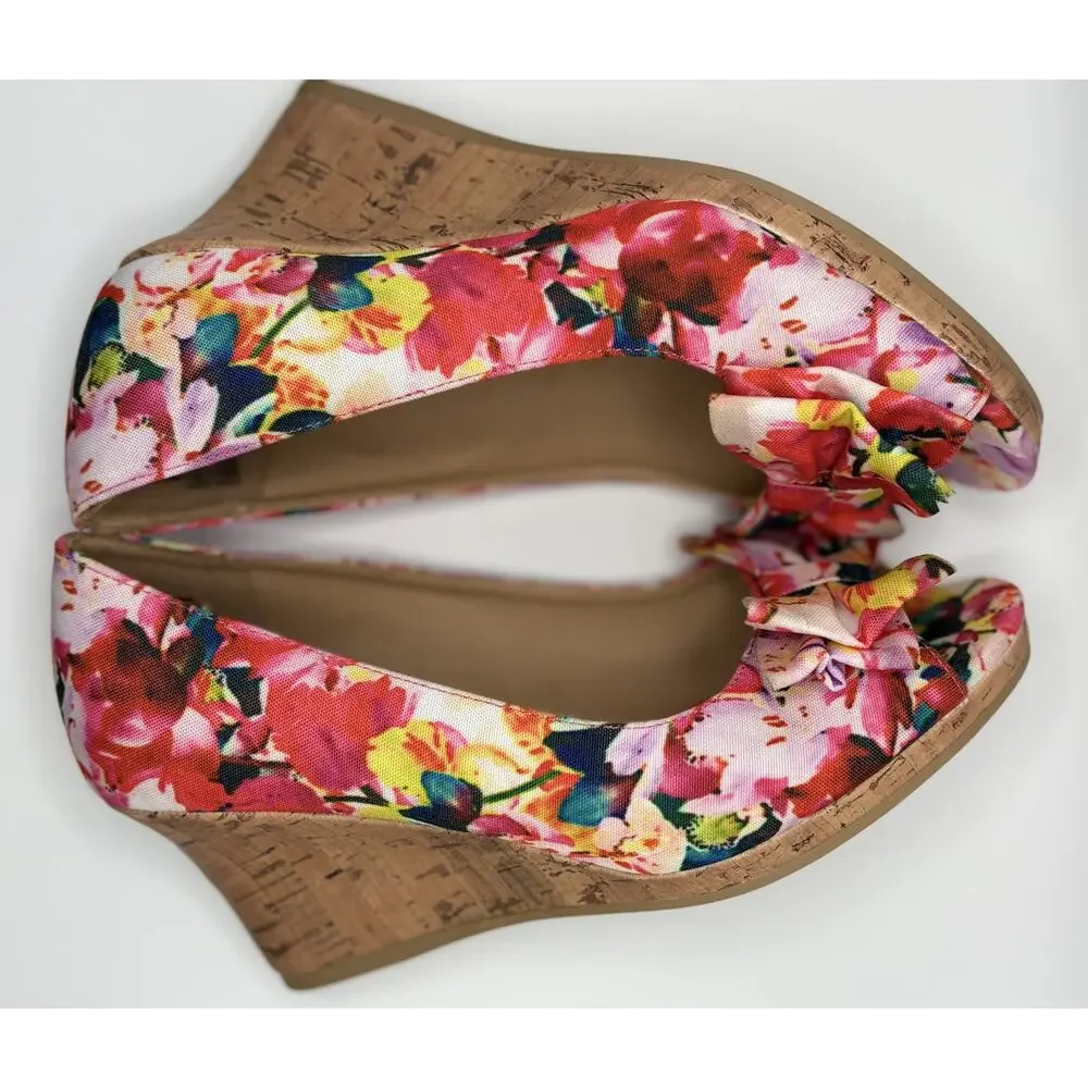 Dexflex Comfort Floral Cork Wedge Peep Toe Pumps Women's Size 8W Pink Bow Shoes